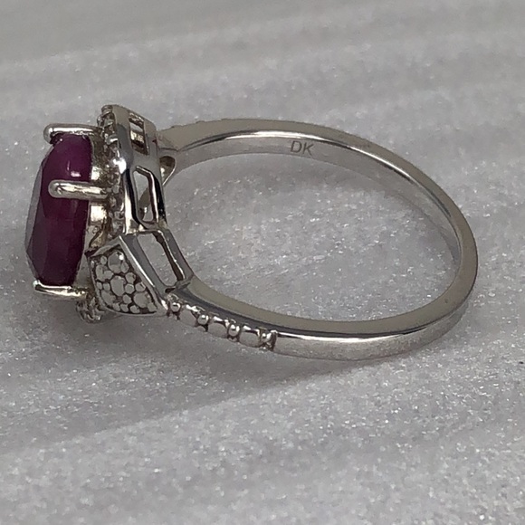 Red Opaque Ruby Ring Zircon Halo Gemstones Rhodium Over Sterling Silver Size 7 - Picture 6 of 9